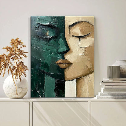 Hand-Painted Oil Painting - Modern Art Picture Green & Beige Face - Home Living Room Bedroom Bathroom Canvas Wall Art Decor