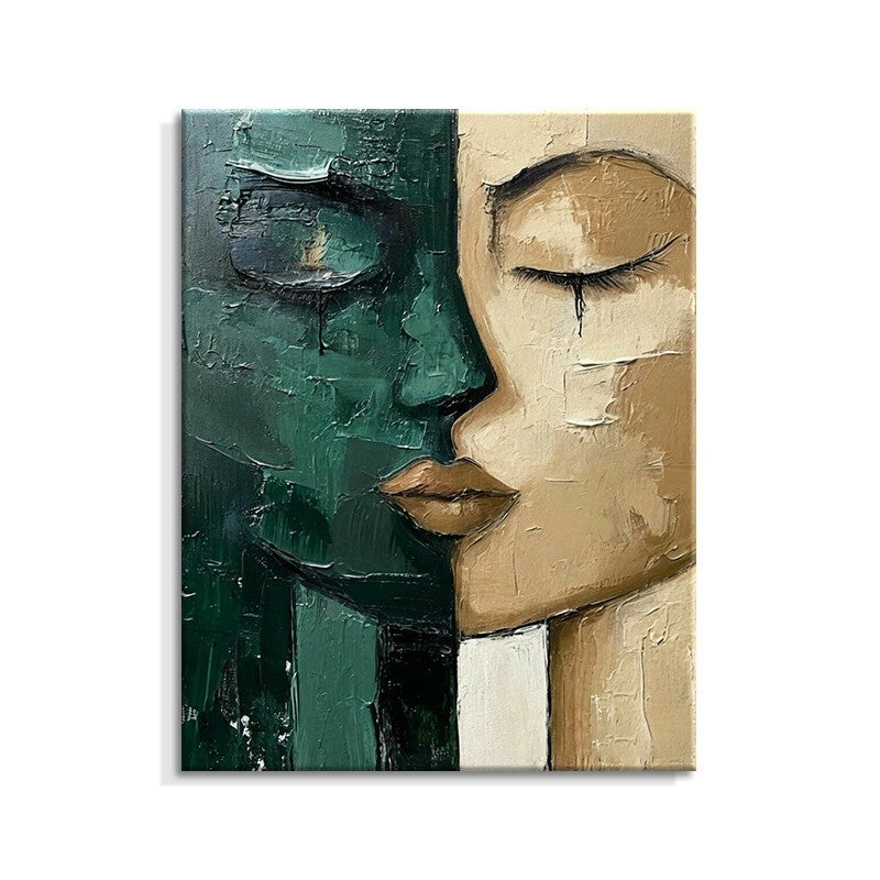 Hand-Painted Oil Painting - Modern Art Picture Green & Beige Face - Home Living Room Bedroom Bathroom Canvas Wall Art Decor