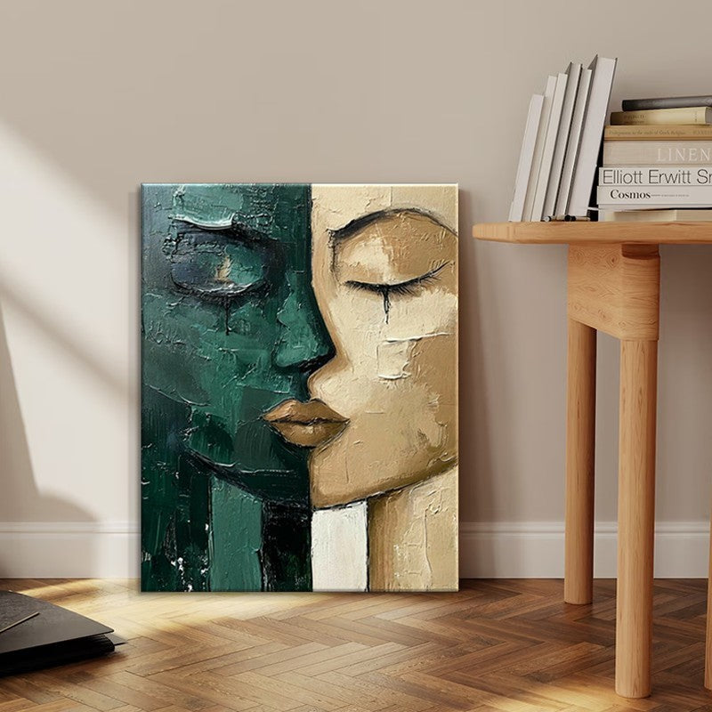 Hand-Painted Oil Painting - Modern Art Picture Green & Beige Face - Home Living Room Bedroom Bathroom Canvas Wall Art Decor
