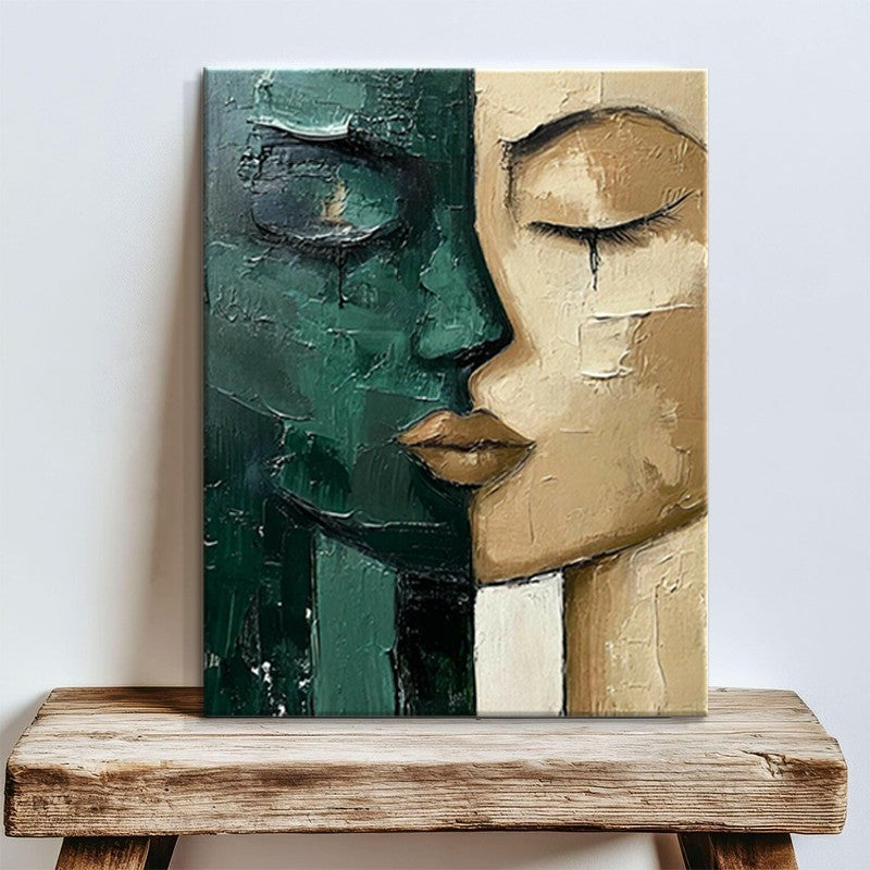 Hand-Painted Oil Painting - Modern Art Picture Green & Beige Face - Home Living Room Bedroom Bathroom Canvas Wall Art Decor