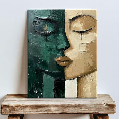 Hand-Painted Oil Painting - Modern Art Picture Green & Beige Face - Home Living Room Bedroom Bathroom Canvas Wall Art Decor
