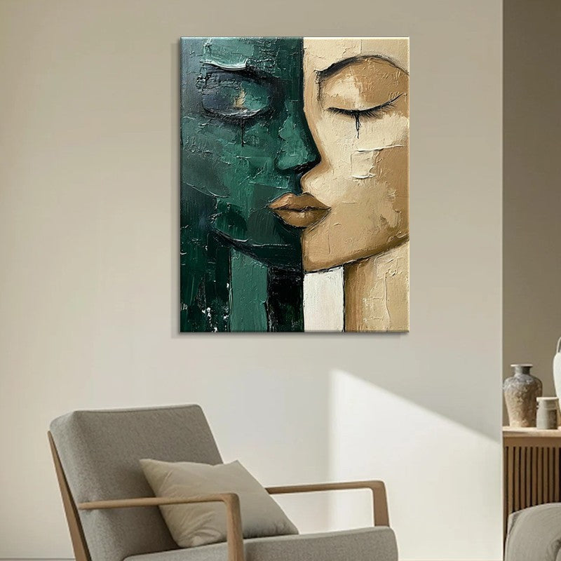 Hand-Painted Oil Painting - Modern Art Picture Green & Beige Face - Home Living Room Bedroom Bathroom Canvas Wall Art Decor