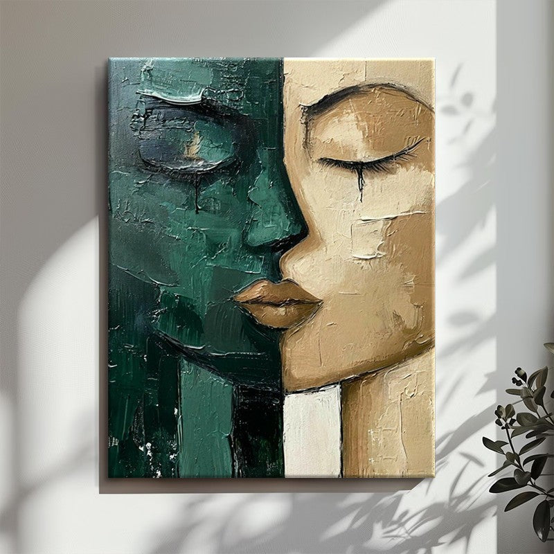 Hand-Painted Oil Painting - Modern Art Picture Green & Beige Face - Home Living Room Bedroom Bathroom Canvas Wall Art Decor