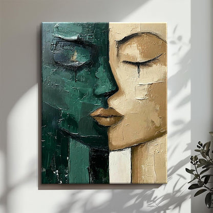 Hand-Painted Oil Painting - Modern Art Picture Green & Beige Face - Home Living Room Bedroom Bathroom Canvas Wall Art Decor